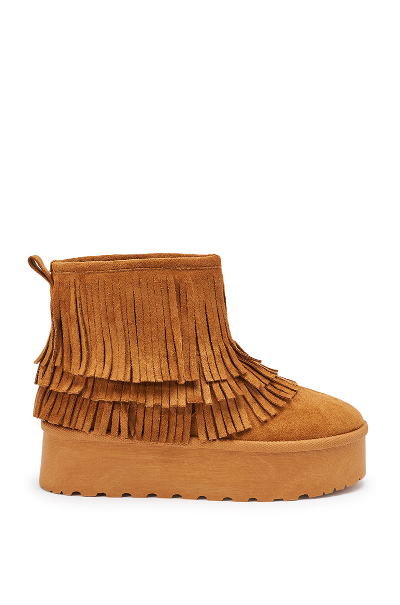 AKIRA BROWN FAUX SUEDE FRINGE BOOTIE