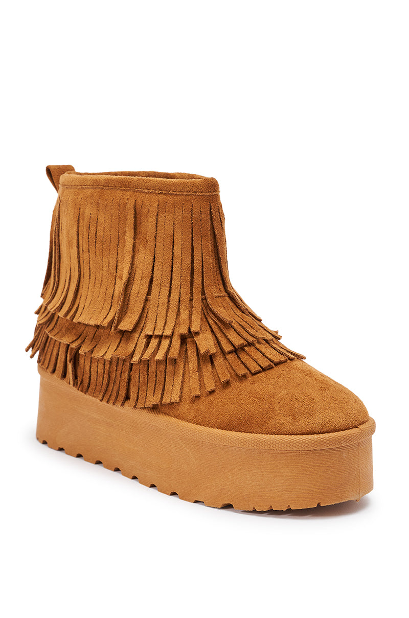 AKIRA BROWN FAUX SUEDE FRINGE BOOTIE