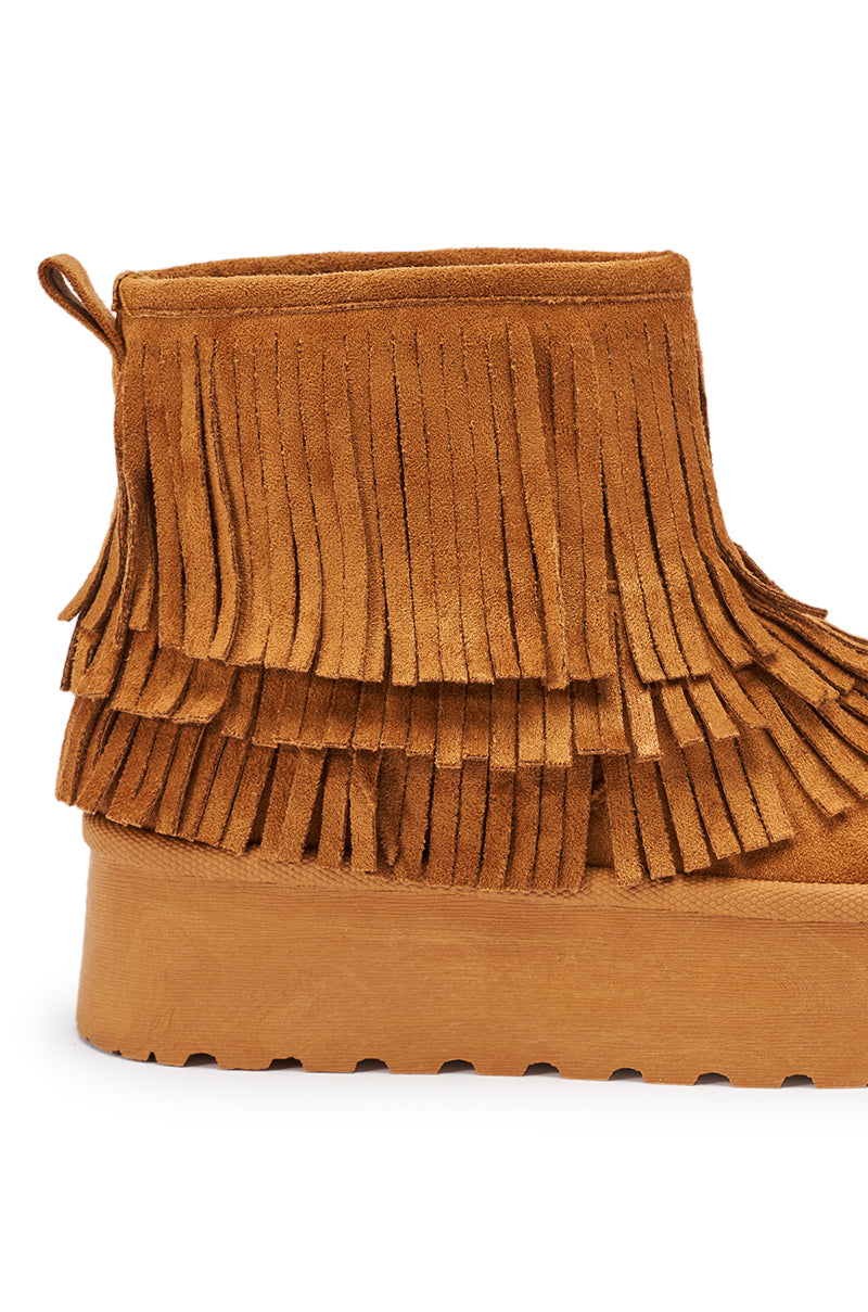 AKIRA BROWN FAUX SUEDE FRINGE BOOTIE