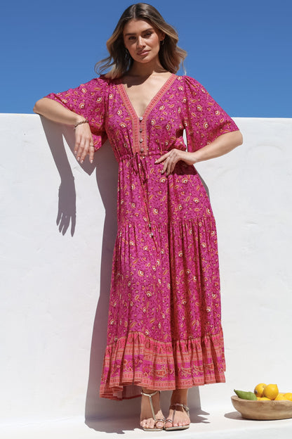 Tassia Maxi Dress - Buttoned Bodice Pull Tie Waist Dress in Quinne Print