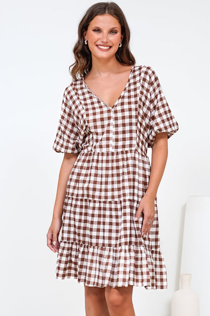 Treyshelle Mini Dress - V-Neck Puff Sleeve Tiered Dress in Gingham Brown