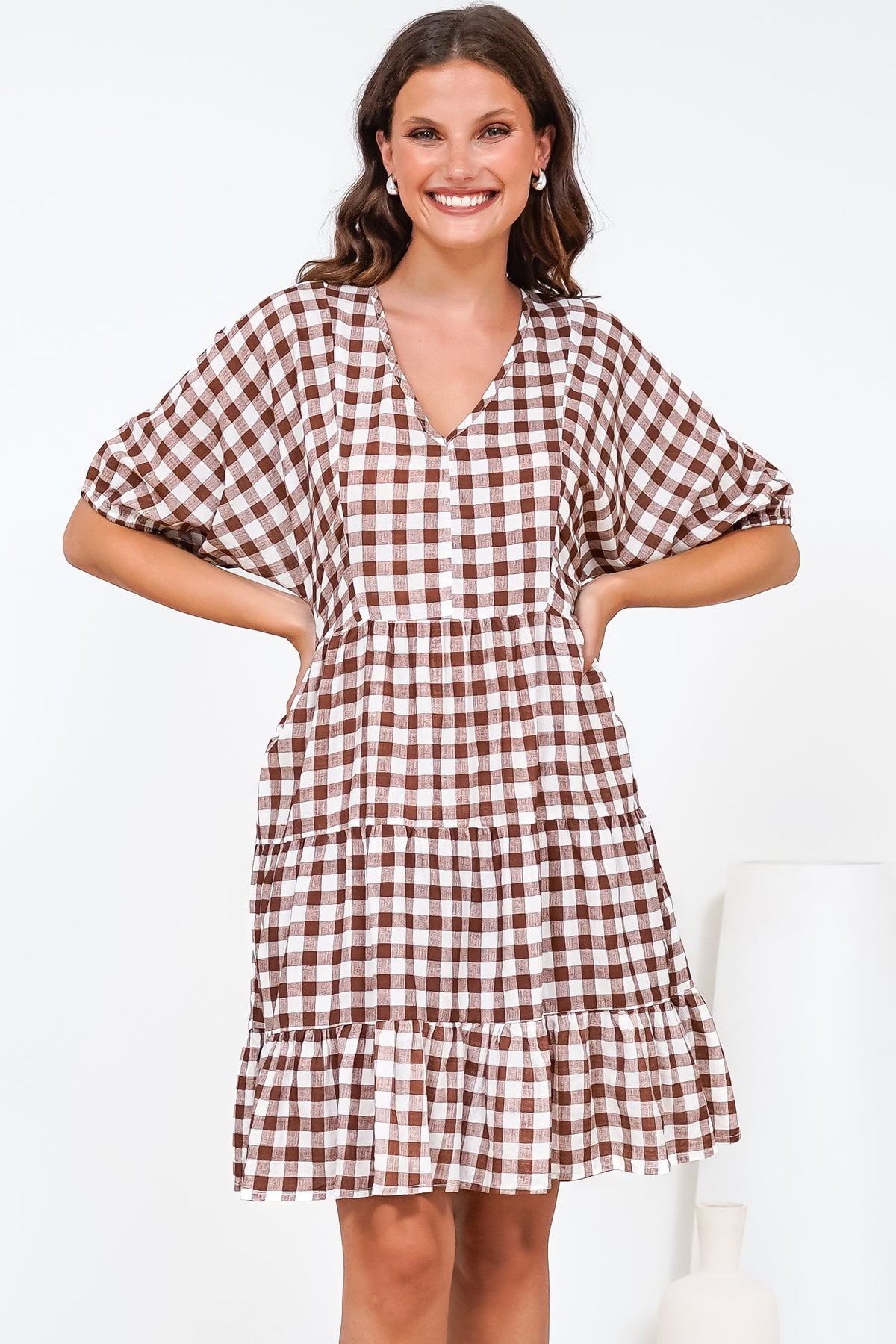 Treyshelle Mini Dress - V-Neck Puff Sleeve Tiered Dress in Gingham Brown