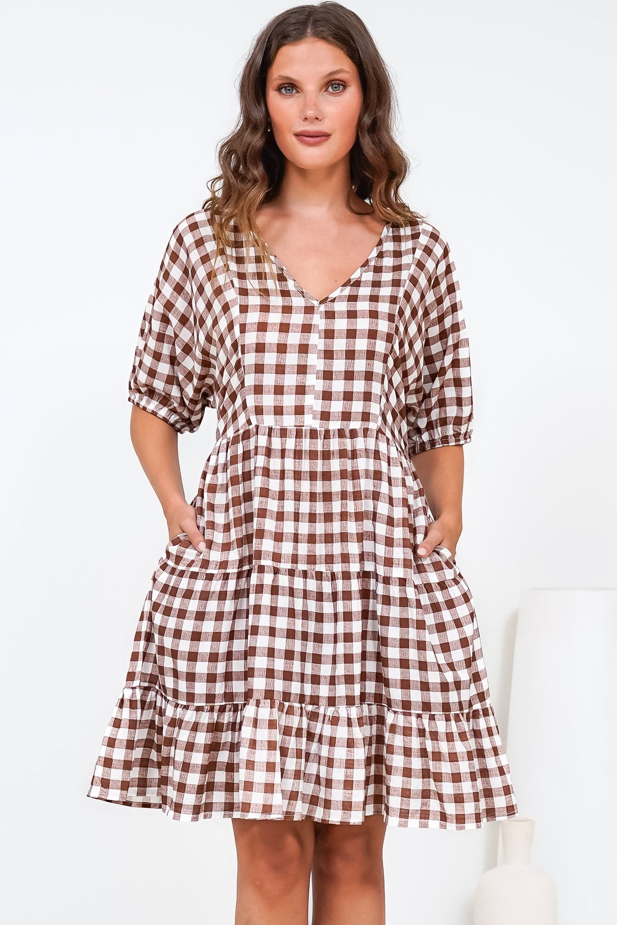 Treyshelle Mini Dress - V-Neck Puff Sleeve Tiered Dress in Gingham Brown
