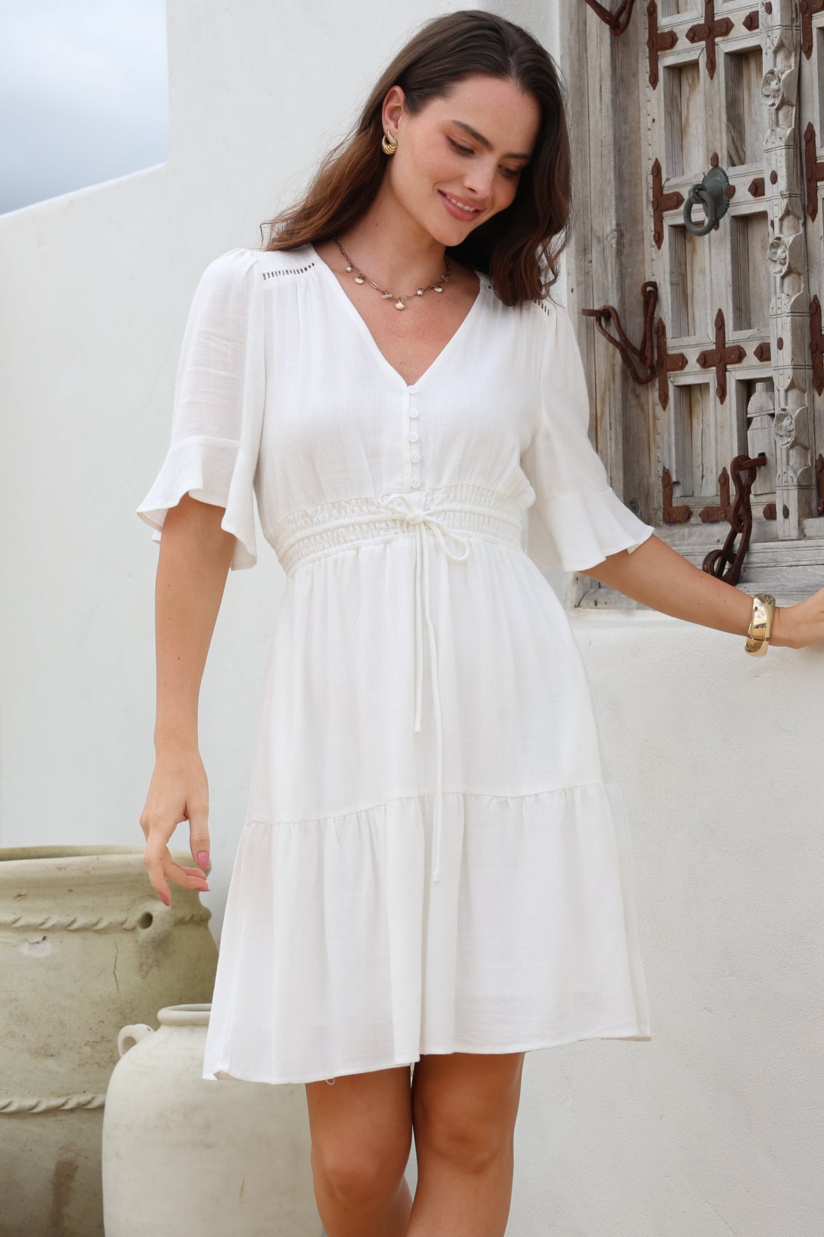 Truese Mini Dress - A-Line Dress with Short Ruffle Sleeves in White