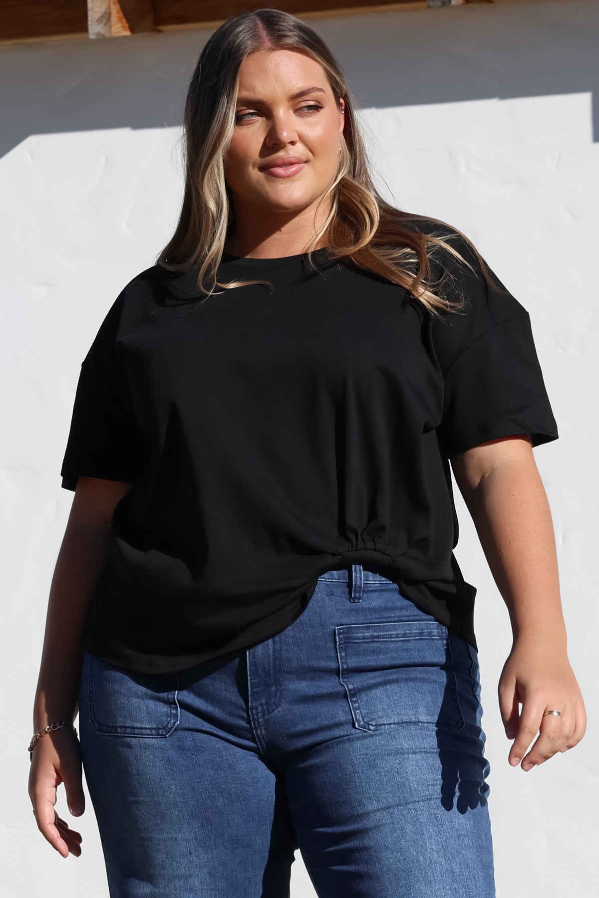 Tuck T-Shirt - Round Neckline Cotton Tee with Gathered Front Detail in Black
