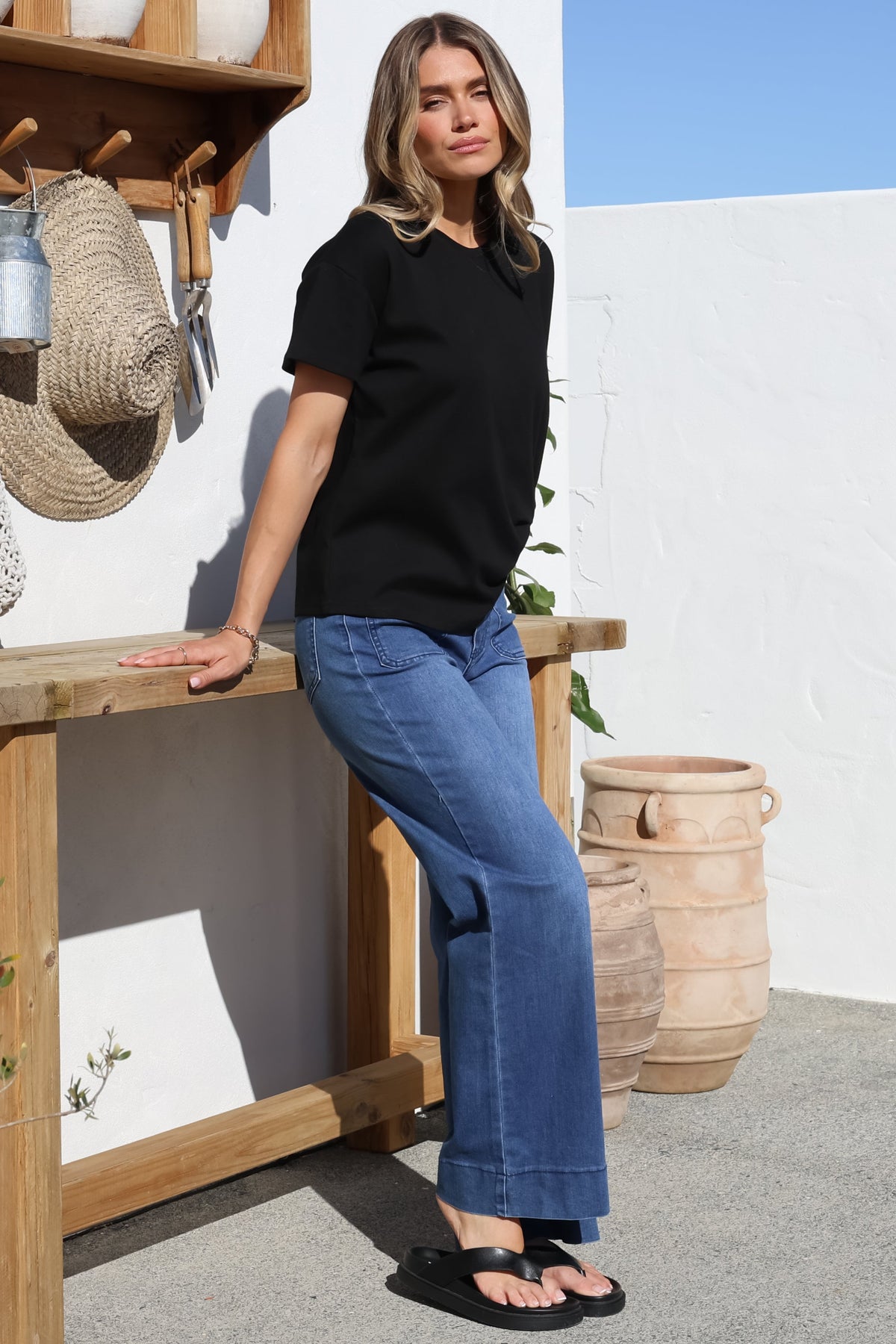 Tuck T-Shirt - Round Neckline Cotton Tee with Gathered Front Detail in Black