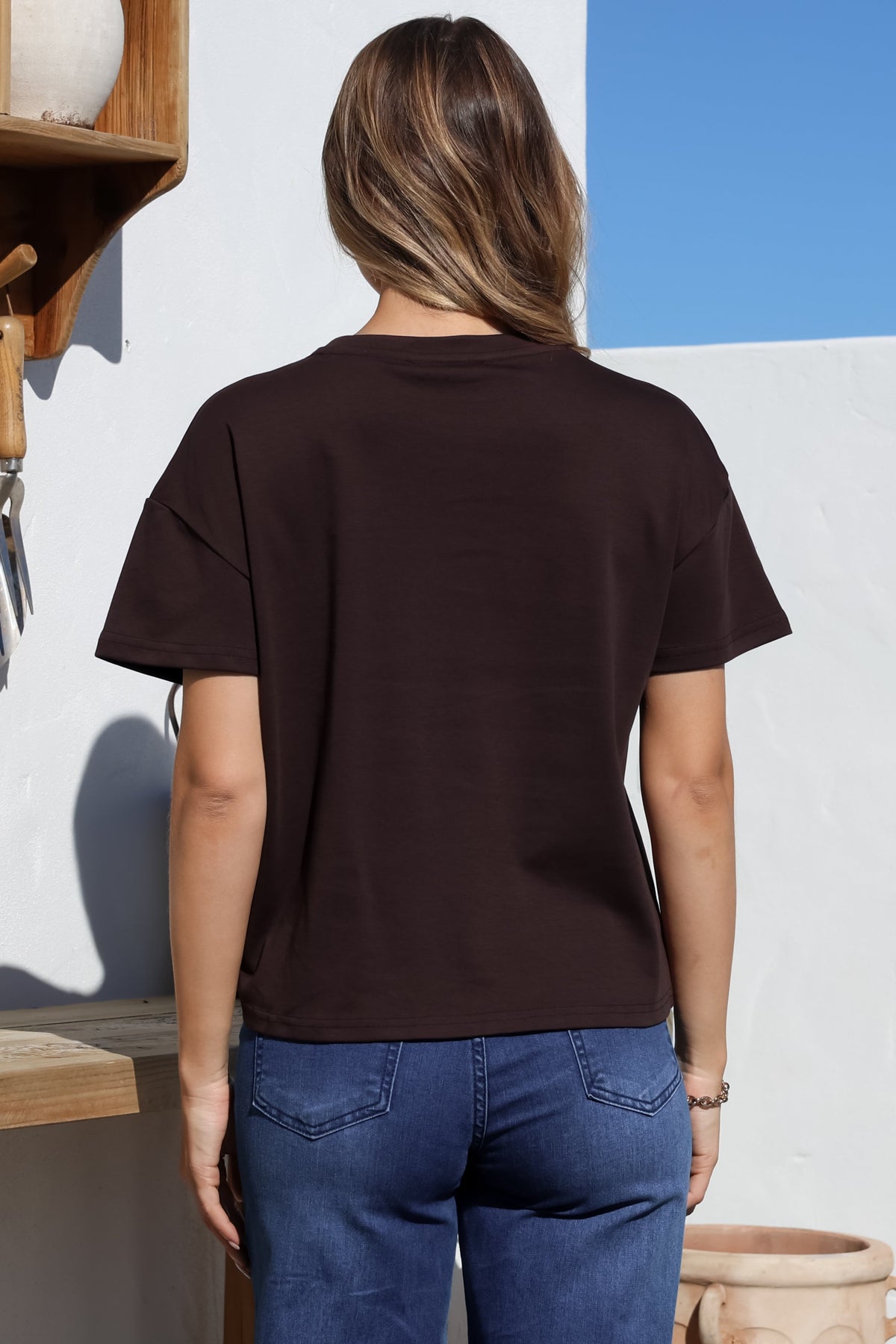 Tuck T-Shirt - Round Neckline Cotton Tee with Gathered Front Detail in Chocolate