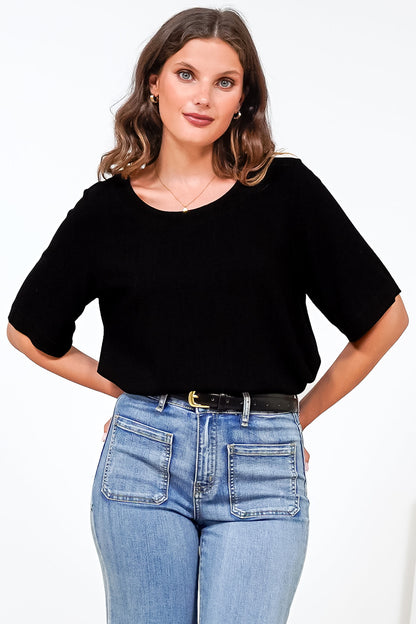 Tustin Top - Round Neck Boxy High Low Top with Short Sleeves in Black