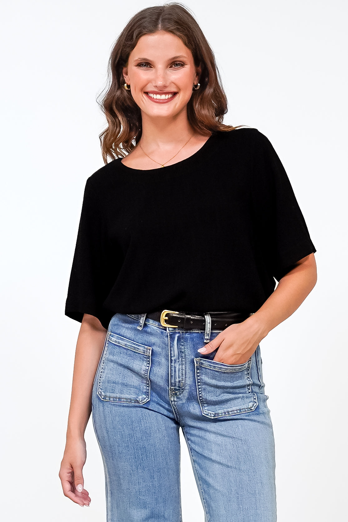 Tustin Top - Round Neck Boxy High Low Top with Short Sleeves in Black