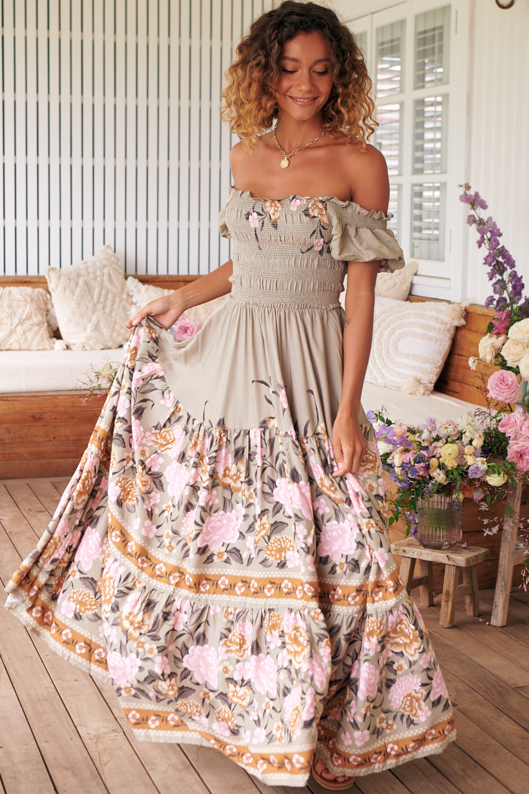 JAASE - Claudette Maxi Dress: On or Off Shoulder Elasticated Bodice Short Balloon Sleeve Dress in Adore You Print