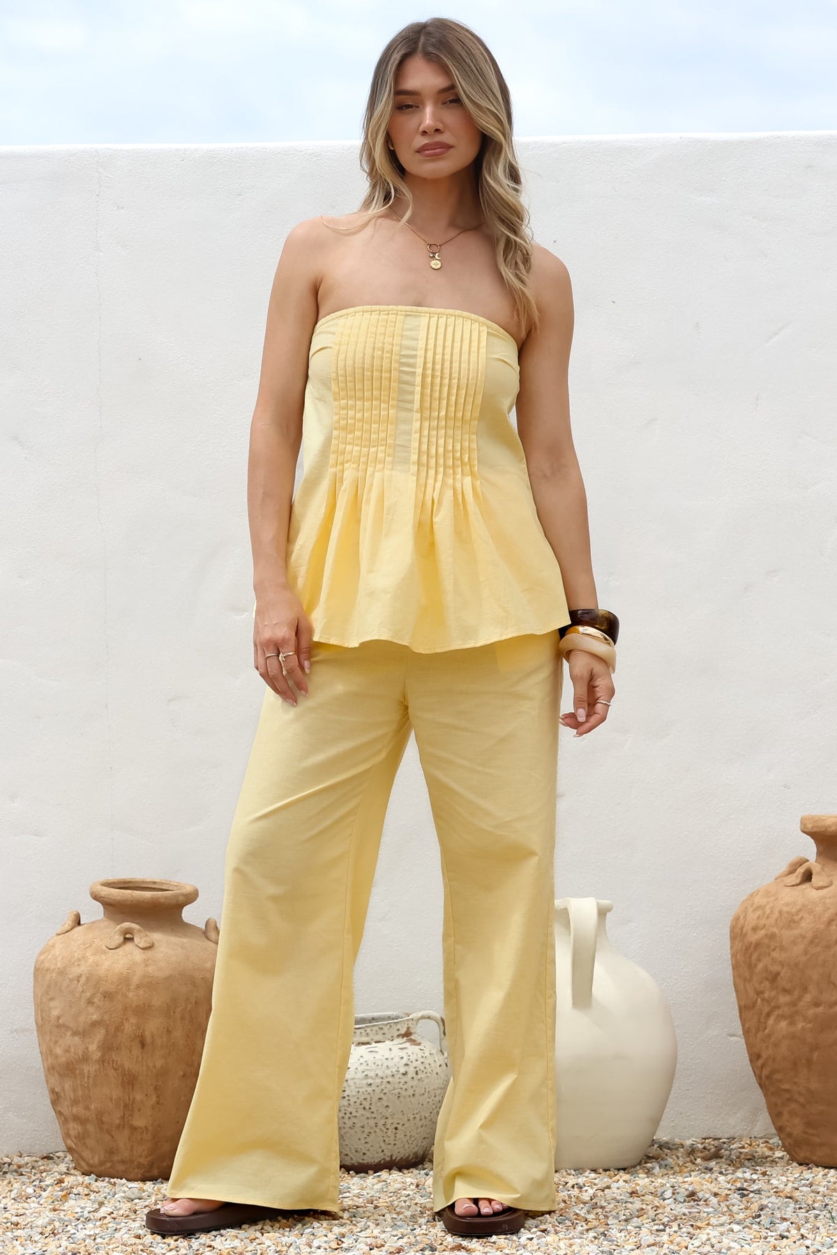 Vanity Two Piece Set - Strapless Pleated Top and Long Pants in Lemon