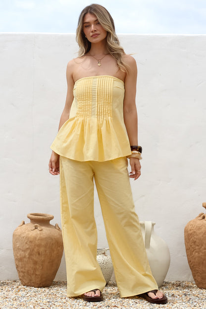 Vanity Two Piece Set - Strapless Pleated Top and Long Pants in Lemon