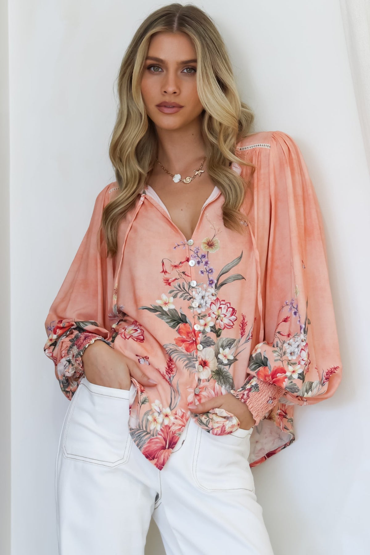 Violet Blouse - Frill Collar Button Down Balloon Sleeve Blouse In Evette Print