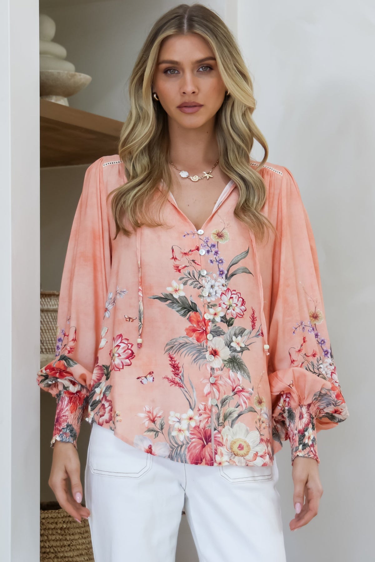 Violet Blouse - Frill Collar Button Down Balloon Sleeve Blouse In Evette Print