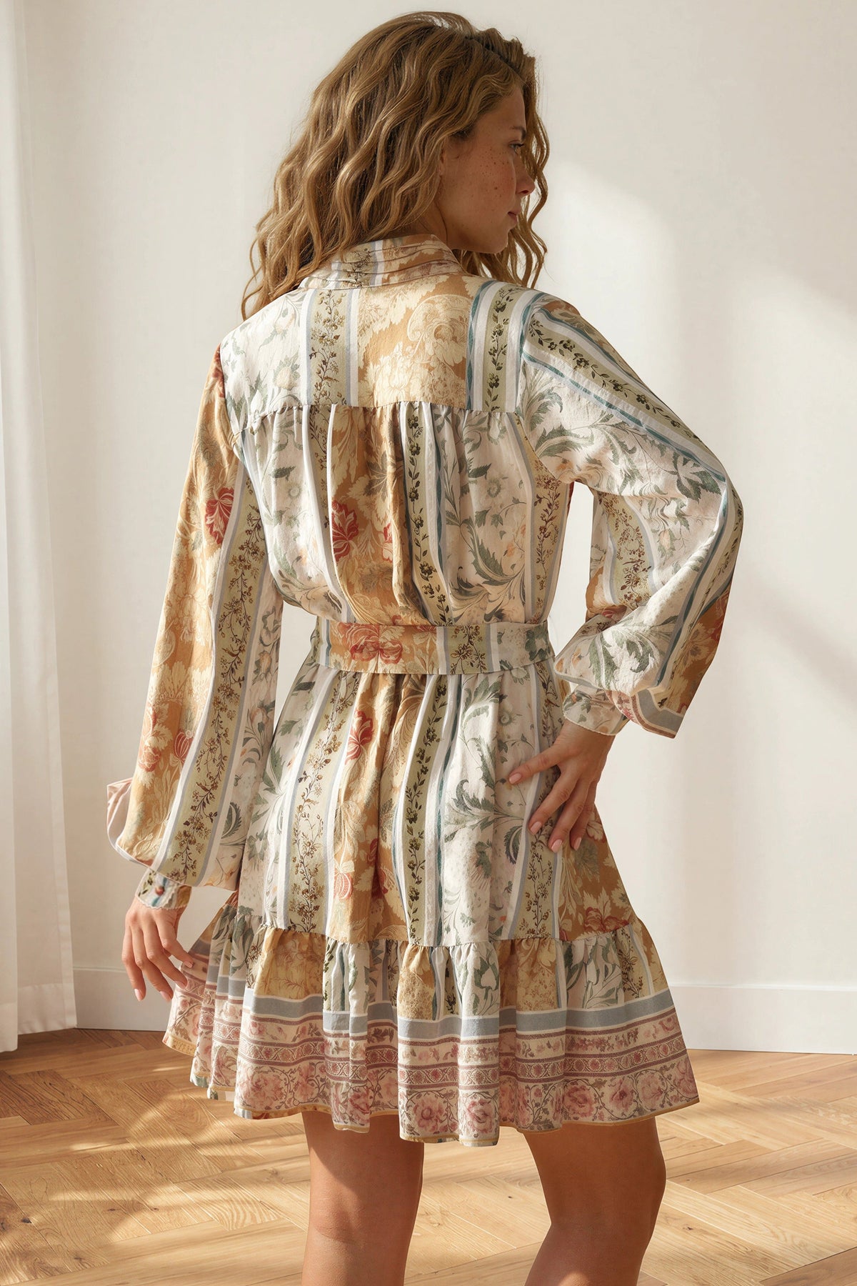 Cara Mini Dress - High Collar Buttoned Bodice Long Sleeve Dress with Matching Belt in Lyla Print