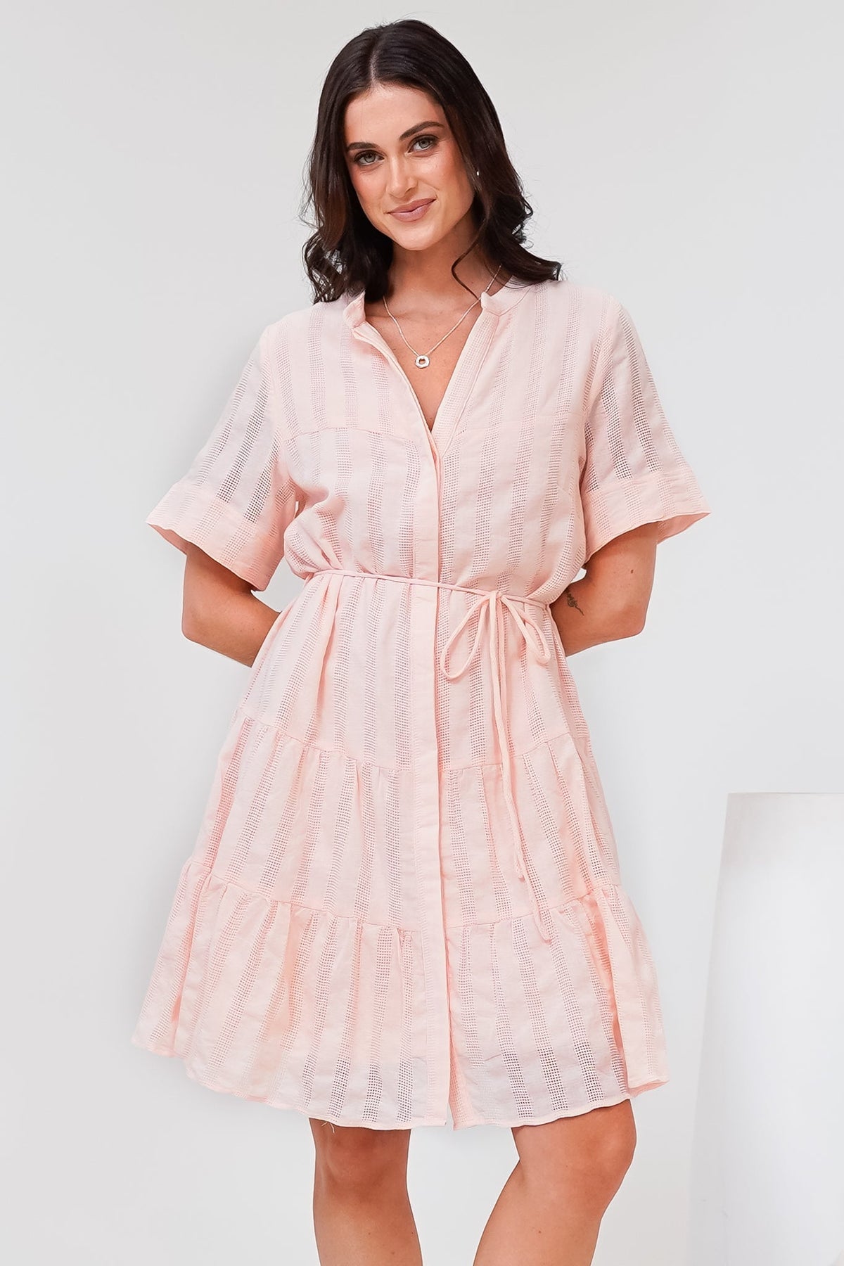 Wyanna Mini Dress - Mandarin Collar Button Down Tiered Dress with Waist Tie in Peach