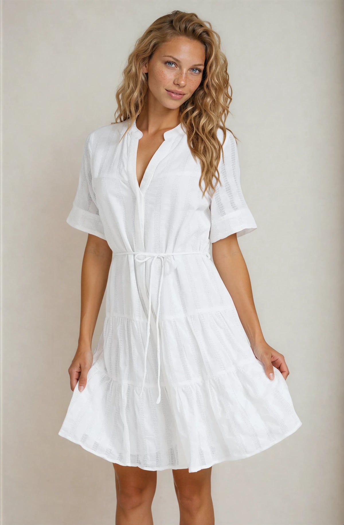 Wyanna Mini Dress - Mandarin Collar Button Down Tiered Dress with Waist Tie in White