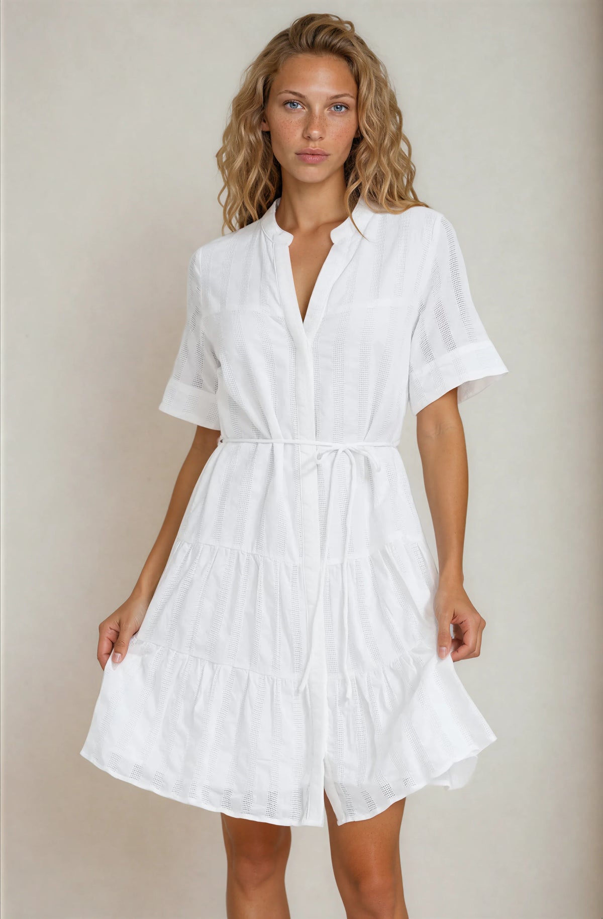 Wyanna Mini Dress - Mandarin Collar Button Down Tiered Dress with Waist Tie in White