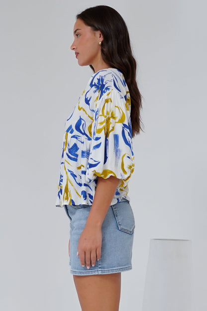 Wynter Top - Soft V Neck Peplum Top with Balloon Sleeves in Robin Print