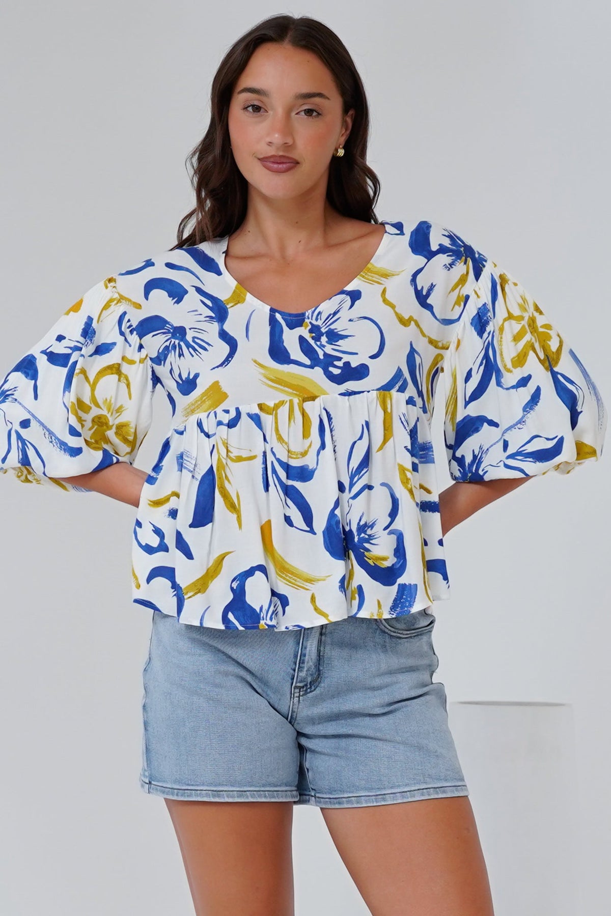 Wynter Top - Soft V Neck Peplum Top with Balloon Sleeves in Robin Print
