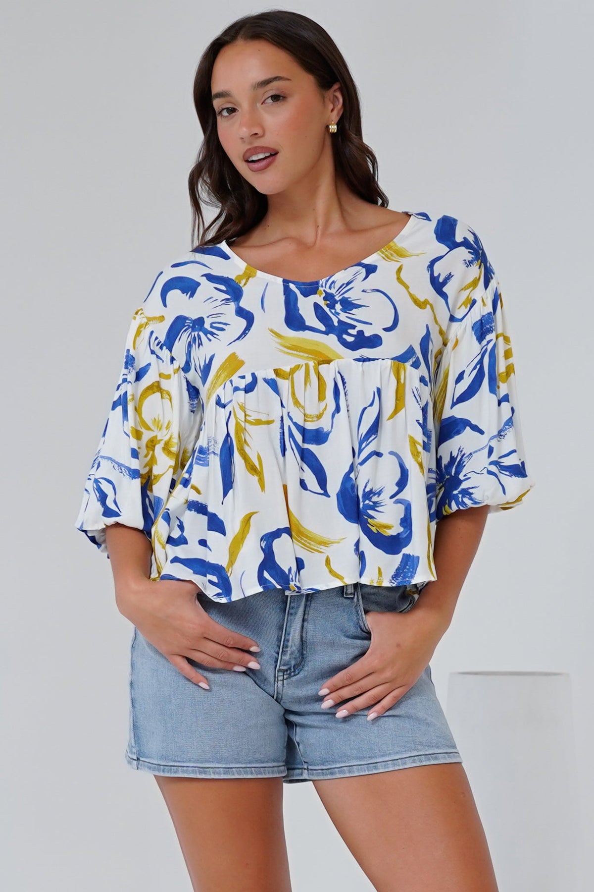 Wynter Top - Soft V Neck Peplum Top with Balloon Sleeves in Robin Print