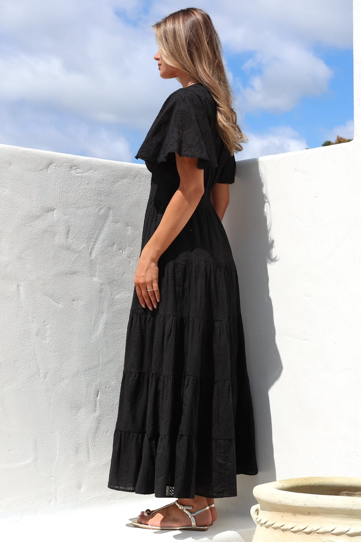 Yelena Maxi Dress - Embroidered Floral Tiered A-Line Dress in Black