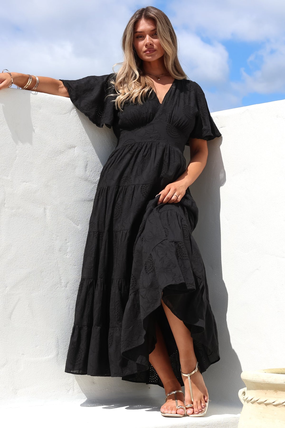 Yelena Maxi Dress - Embroidered Floral Tiered A-Line Dress in Black