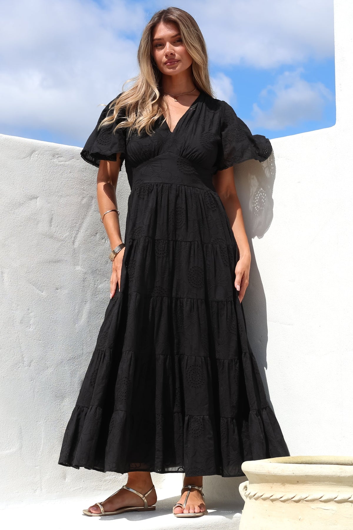 Yelena Maxi Dress - Embroidered Floral Tiered A-Line Dress in Black