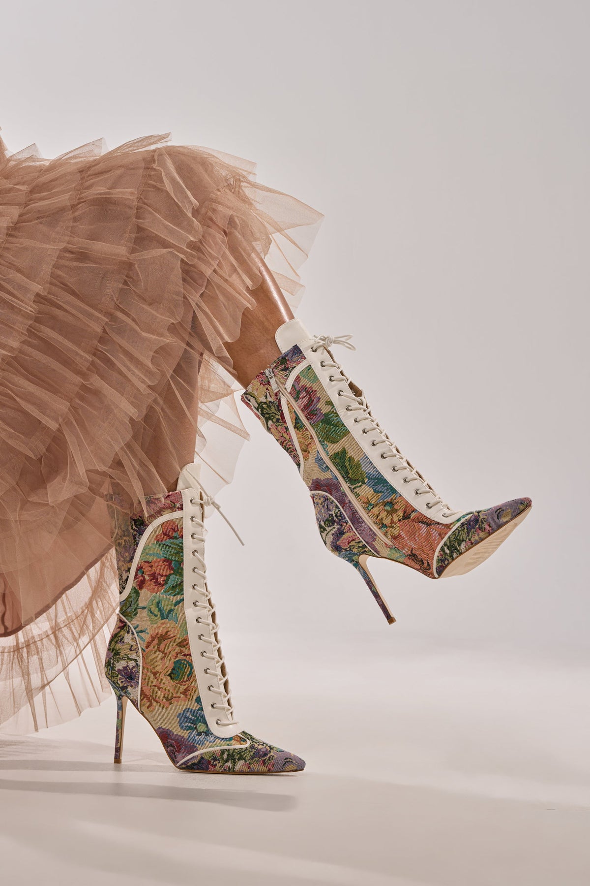 AKIRA GOLD ZOLA MULTI FLORAL STILETTO BOOTIE