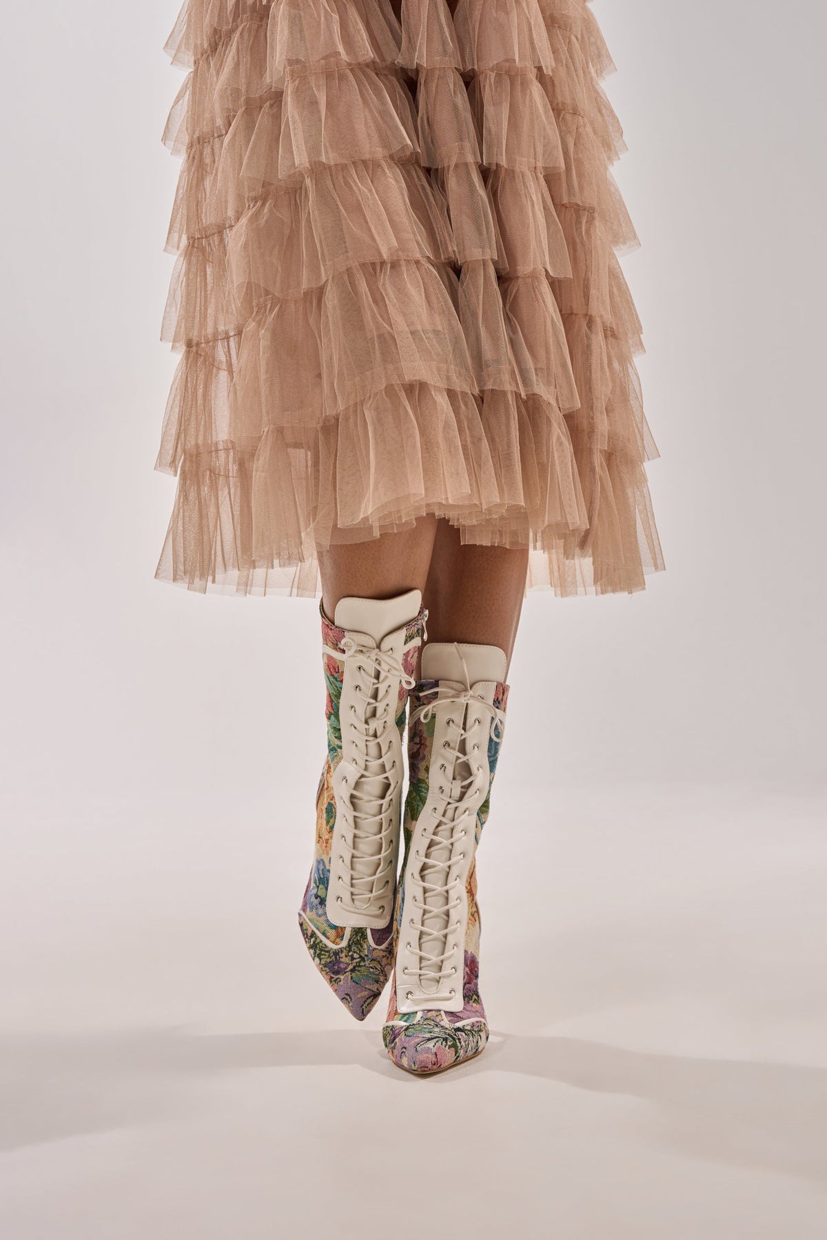 AKIRA GOLD ZOLA MULTI FLORAL STILETTO BOOTIE