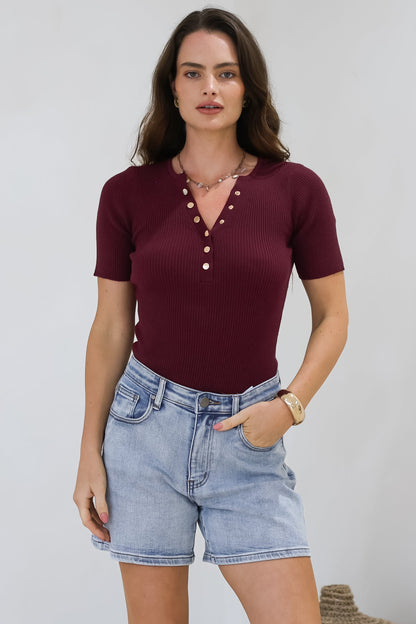 Zian Knit Top - Gold Button Neckline Ribbed Knit Top in Burgundy