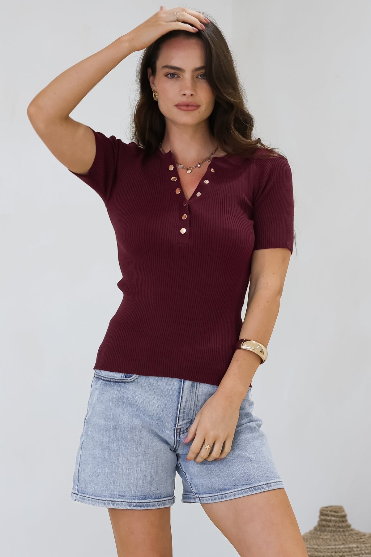 Zian Knit Top - Gold Button Neckline Ribbed Knit Top in Burgundy