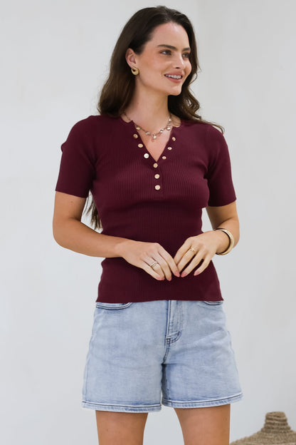 Zian Knit Top - Gold Button Neckline Ribbed Knit Top in Burgundy