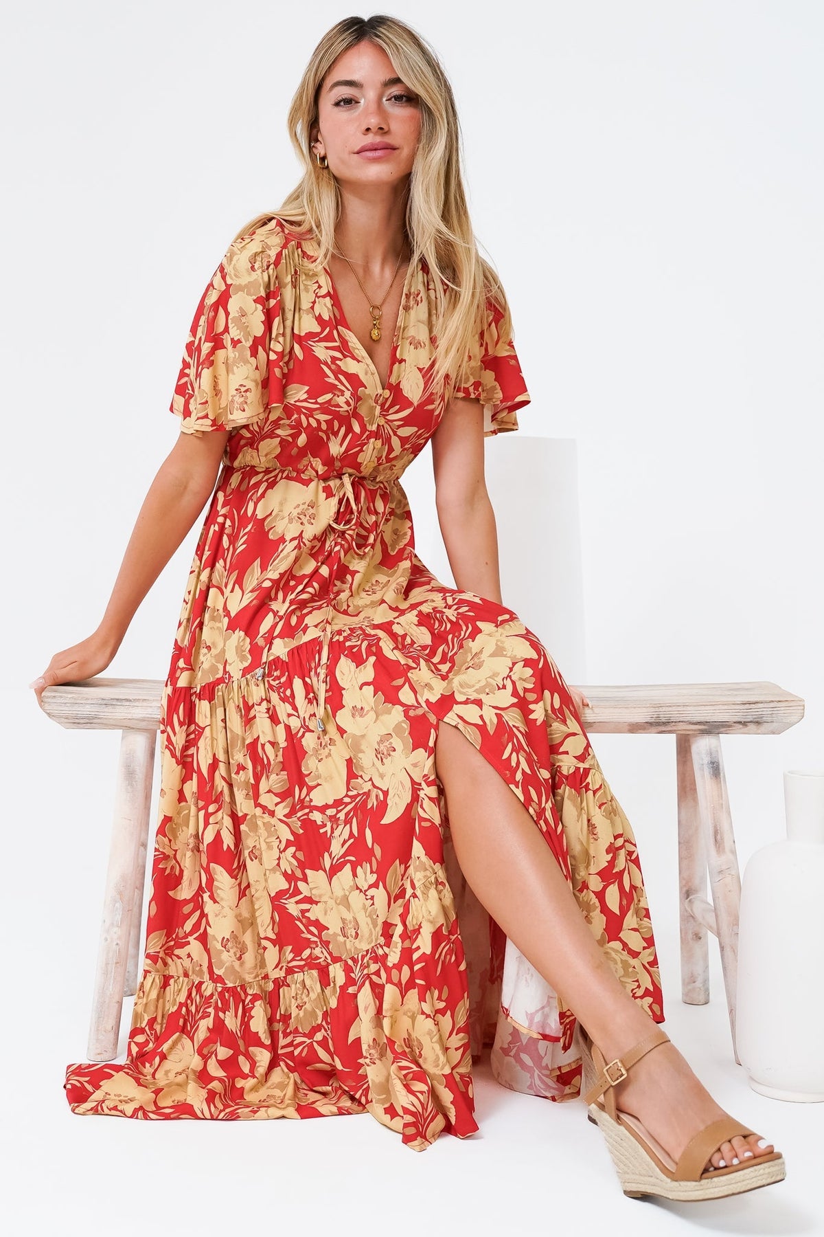 Ziggy Maxi Dress - Cap Sleeve Tiered Dress with Pull Tie Waist in Chianti Print Red
