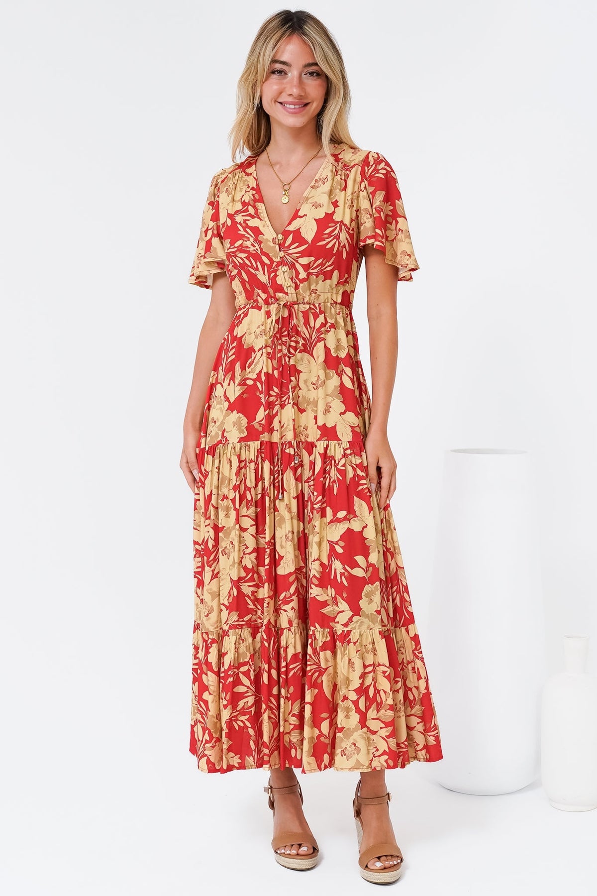 Ziggy Maxi Dress - Cap Sleeve Tiered Dress with Pull Tie Waist in Chianti Print Red
