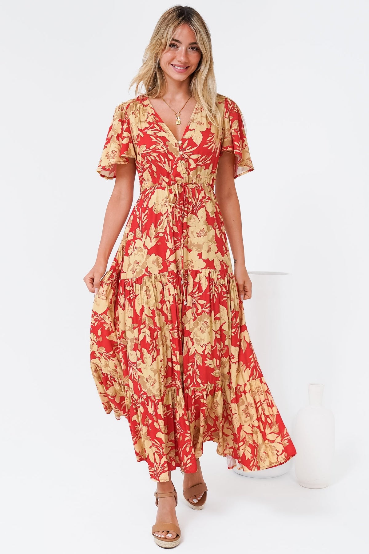 Ziggy Maxi Dress - Cap Sleeve Tiered Dress with Pull Tie Waist in Chianti Print Red