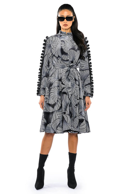 ABSTRACT PRINT BELTED LONG SLEEVE MINI DRESS