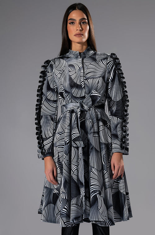 ABSTRACT PRINT BELTED LONG SLEEVE MINI DRESS