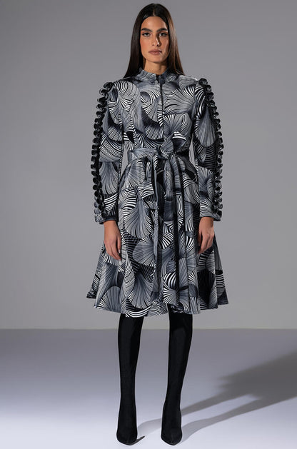 ABSTRACT PRINT BELTED LONG SLEEVE MINI DRESS