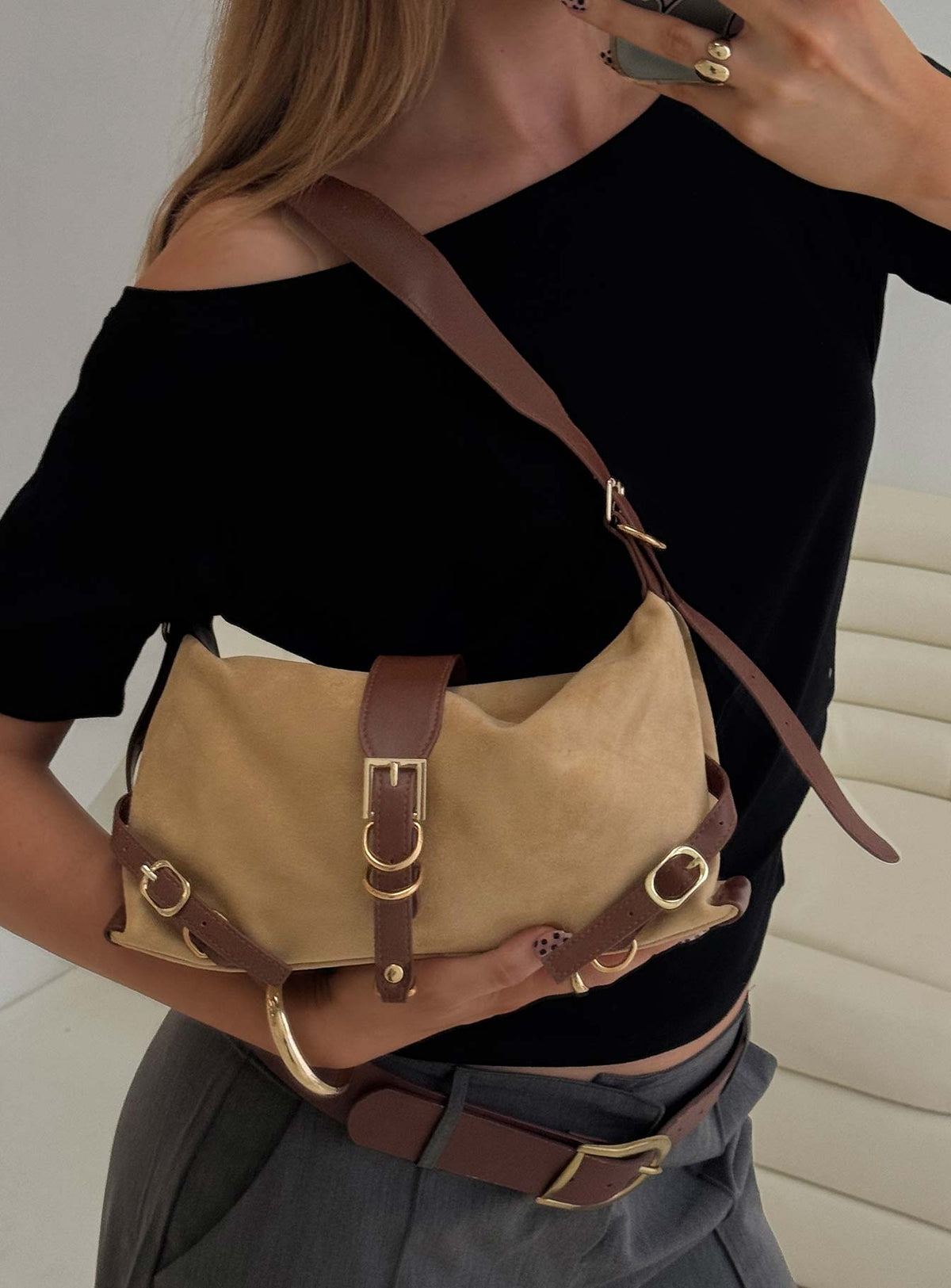 Anatolius Faux Suede Shoulder Bag Brown