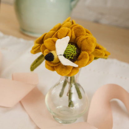 Mini felt sunflower bouquet with bee in clear hand-blown recycled glass bud vase—cheerful handcrafted gift for birthdays, teachers, or everyday joy.