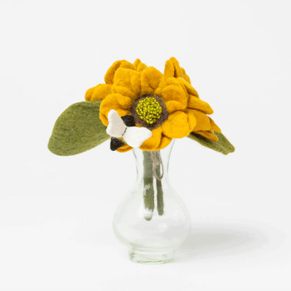 Handmade felt sunflower bouquet with buzzing bee, arranged in a recycled glass vase—ethically crafted floral gift, perfect for teacher appreciation or desk decor.