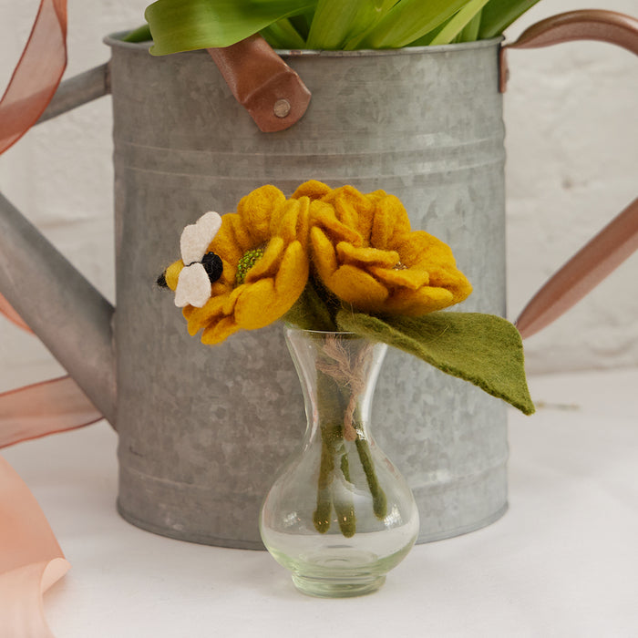 Adorable baby sunflower and bee felt bouquet in a mini vase—bright, handmade home accent full of charm and sunshine.