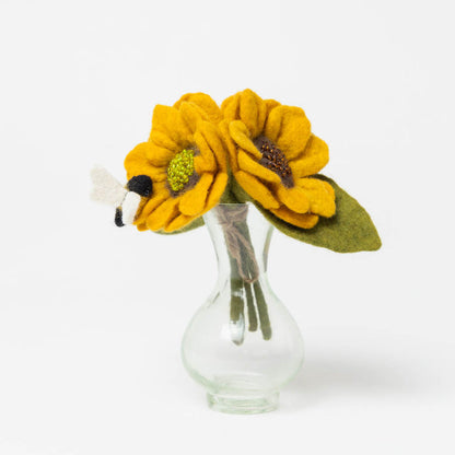 Mini sunflower felt bouquet with bee in glass vase.