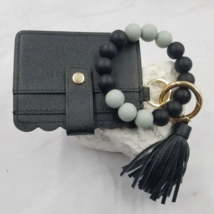 Bead Bangle Keychain Bracelet / Leather Card Holder - Black - Potpourri Gift Shop