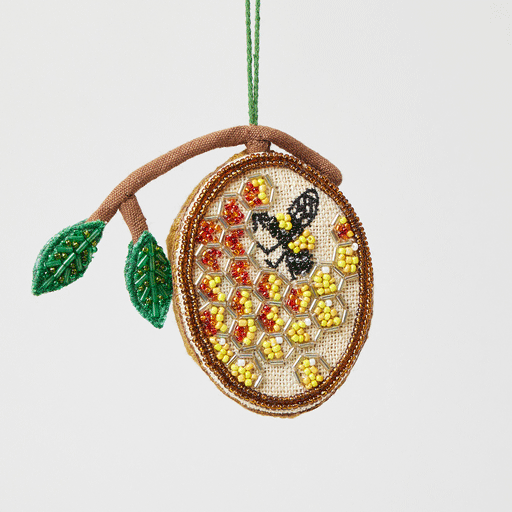 Beehive beaded ornament with linen back, handmade from cotton-linen blend
