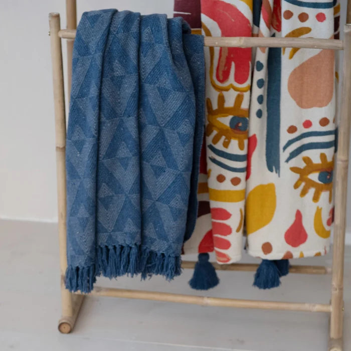 Blue Geometric Woven Cotton Blend Throw