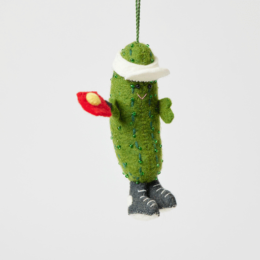 Craftspring’s Pickleball Ornament from the Iconic Craftspring Ornaments Bundle rotating to show front, side, and back views — felt pickleball design with embroidered and beaded details, a whimsical ornament perfect for holiday gifting — heirloom-quality Christmas decor, ethically crafted by artisans using sustainable wool.