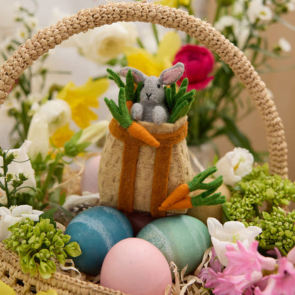 Wool bunny ornament in hand-felted basket with carrots – adorable Easter keepsake