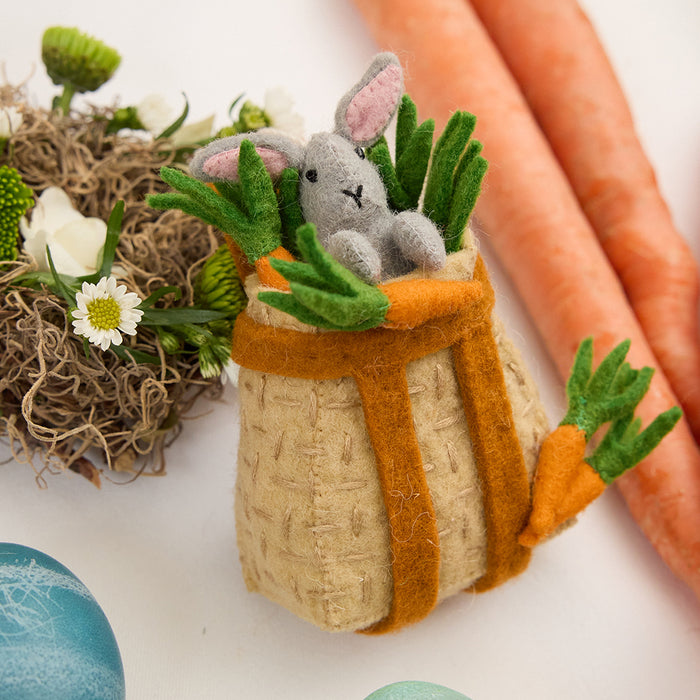 Felt wool bunny in backpack basket – handmade Easter tree decoration or gift basket charm